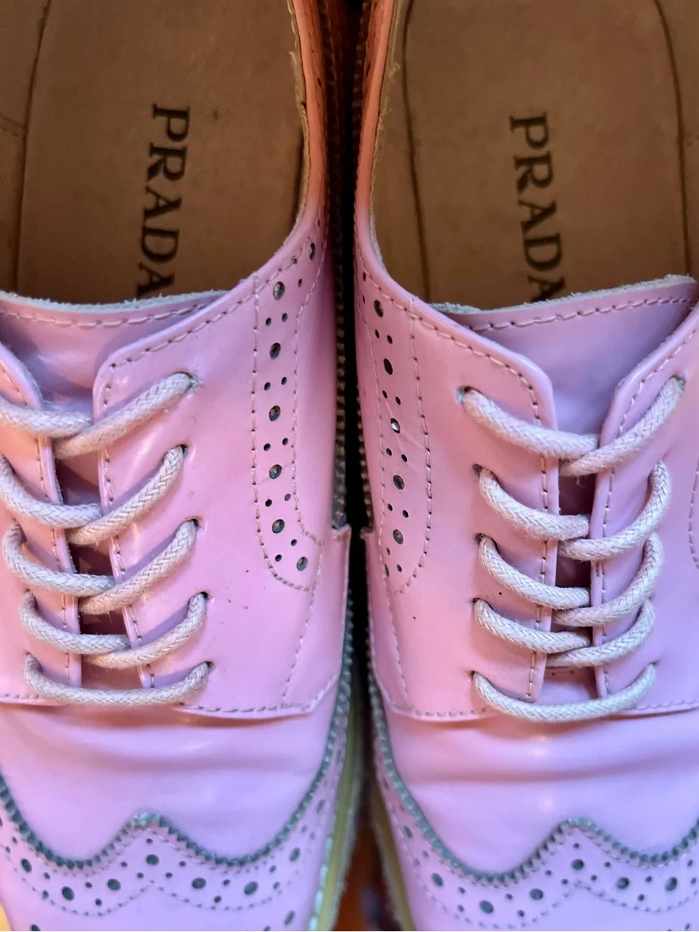 Prada Pink Leather Platform Wingtip Creeper Brogue in Size 36